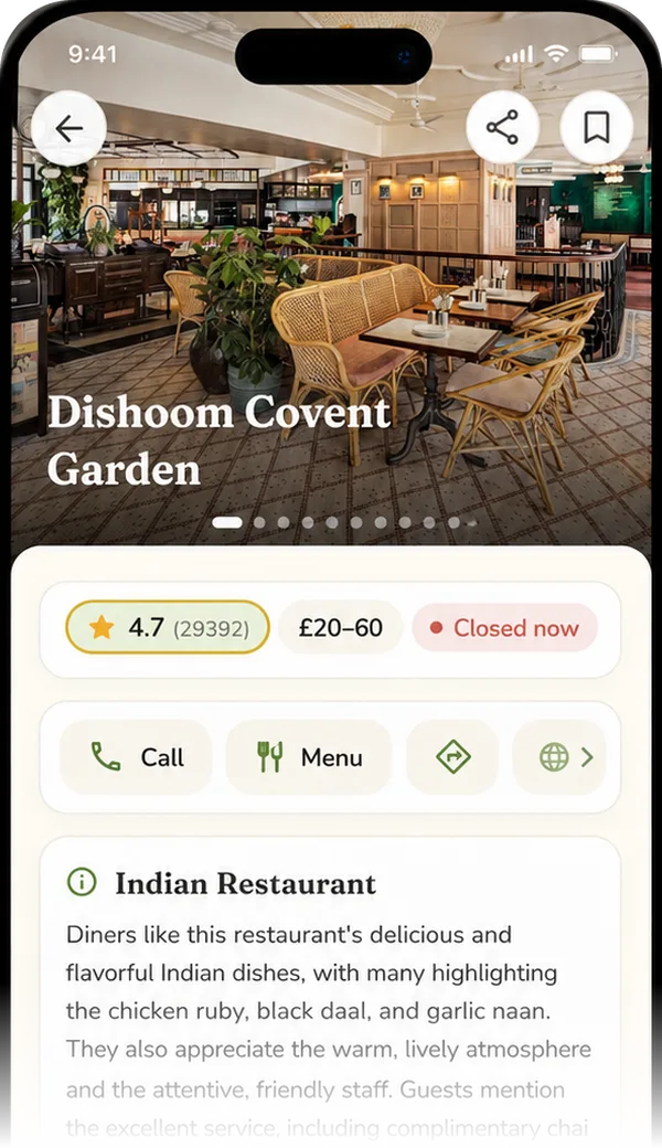DineHop place detail for Dishoom Covent Garden: photos, rating and price, call, menu and directions actions, and a description of the restaurant.