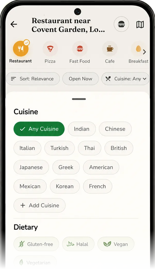 DineHop filters: a cuisine picker with options like Indian, Italian and Turkish, and dietary filters for gluten-free, halal, vegan and vegetarian.