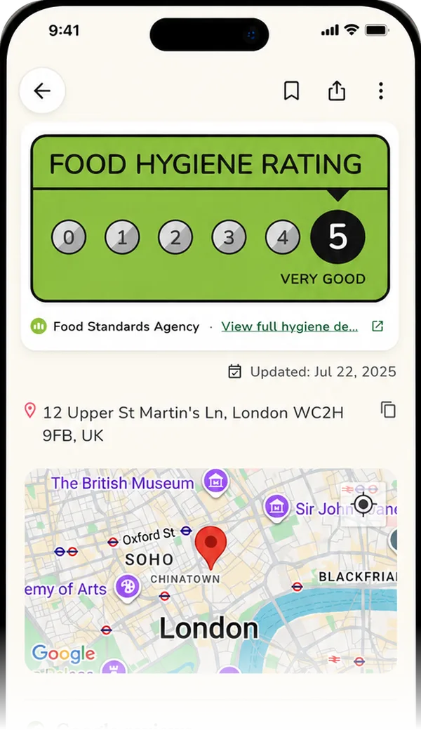 DineHop hygiene and reviews: the official food-hygiene rating of 5, a map of the location, and a Google review.