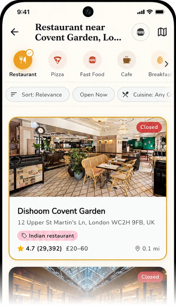 DineHop search results near Covent Garden: restaurant cards with photos, cuisine tags, star ratings, price ranges and distance, plus sort and filter controls.