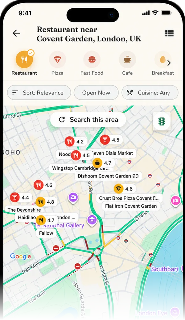 DineHop map view of Covent Garden with restaurant pins showing ratings, and a card for Dishoom Covent Garden with its rating and opening hours.